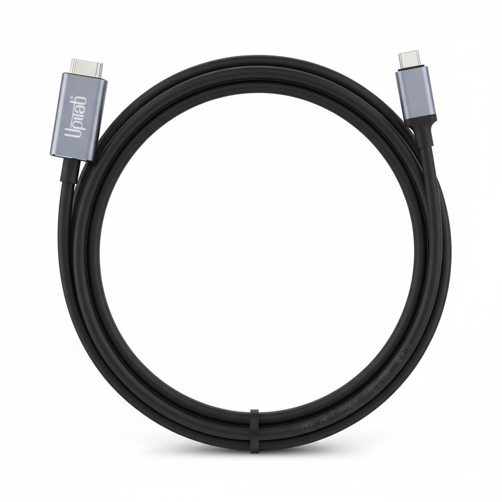 Black cable with USB-C and HDMI connectors on a white background