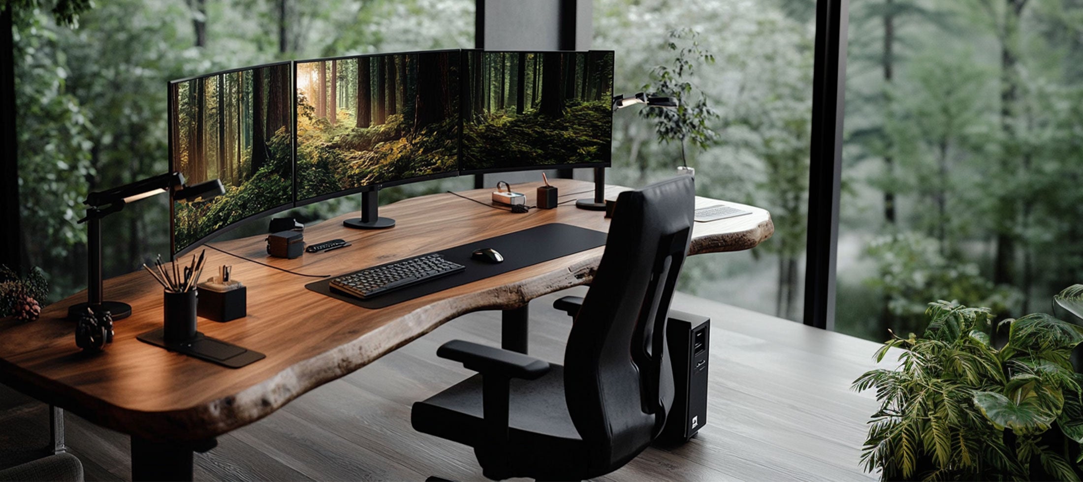 Modern office setup with a wooden desk, multiple monitors, and a chair, surrounded by a forest view.