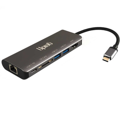 UPTab USB-C 3.2 to HDMI 2.0 4K 30Hz HDR, 2 USB 3.0 5Gbps, Card Reader, USB-C PD or Data 5Gbps and Gigabit Ethernet Adapter - Graphite